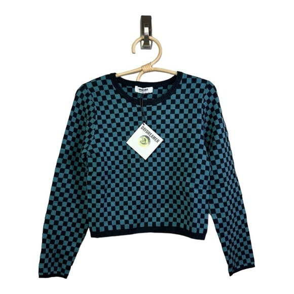 Daydreamers Teal Green Black Checker Pullover Long Sleeve Sweater Size L NEW - Picture 11 of 15